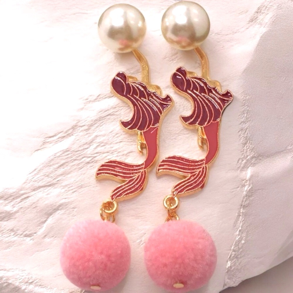 Mermaid Red, Purple, White, & Pink Enamel Dangle Earrings & Faux Pearl & Pom Pom